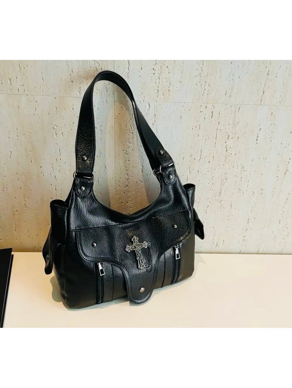 New -Chic -Vintage Inspired Y2K Faux Leather Shoulder Bag w/Cross Accents -Black - Picture 7 of 7